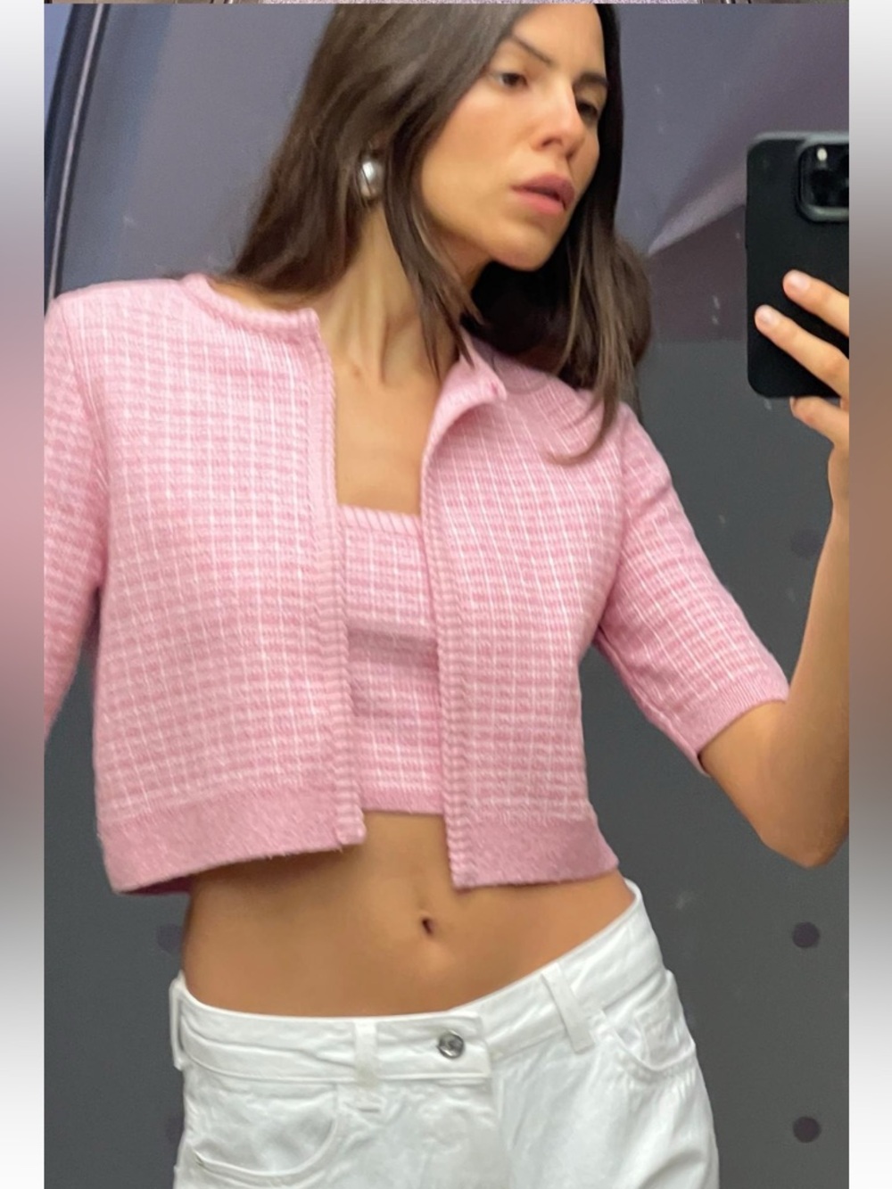Zara Barbie Pink Tweed Cropped Knit Cardigan Jacket & Tube Tank (SET) S